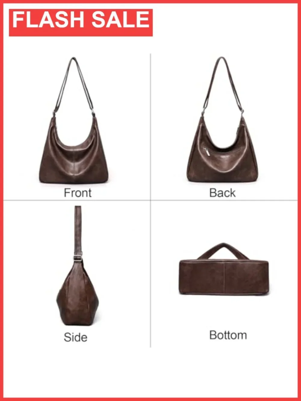 Vegan Leather Hobo Shoulder Bag Slouchy Tote with Zipper